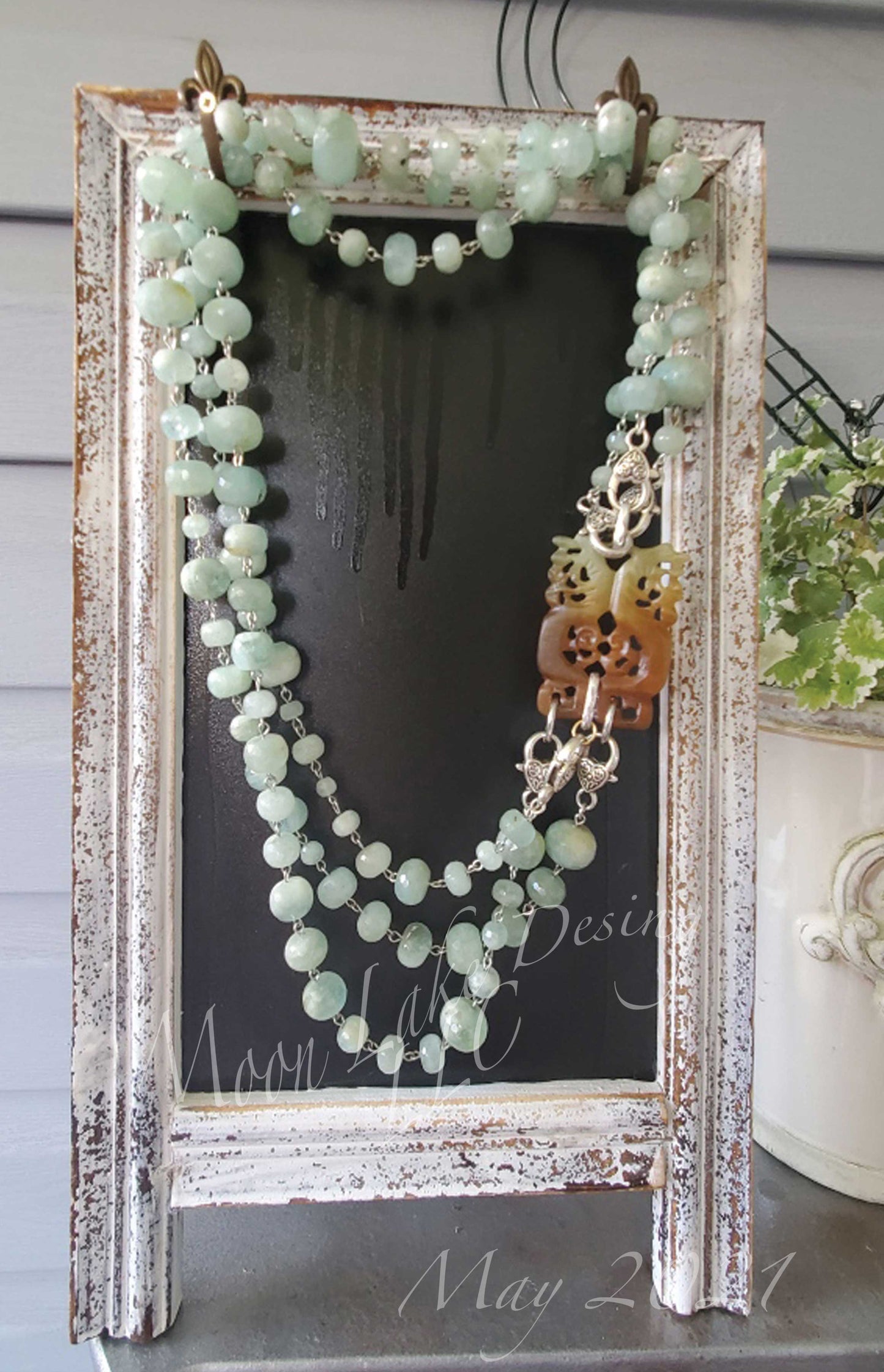 Old Jade Necklace with three strands of aquamarine beads
