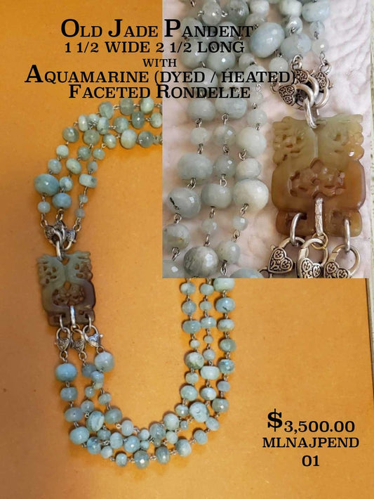 Old Jade Necklace with three strands of aquamarine beads