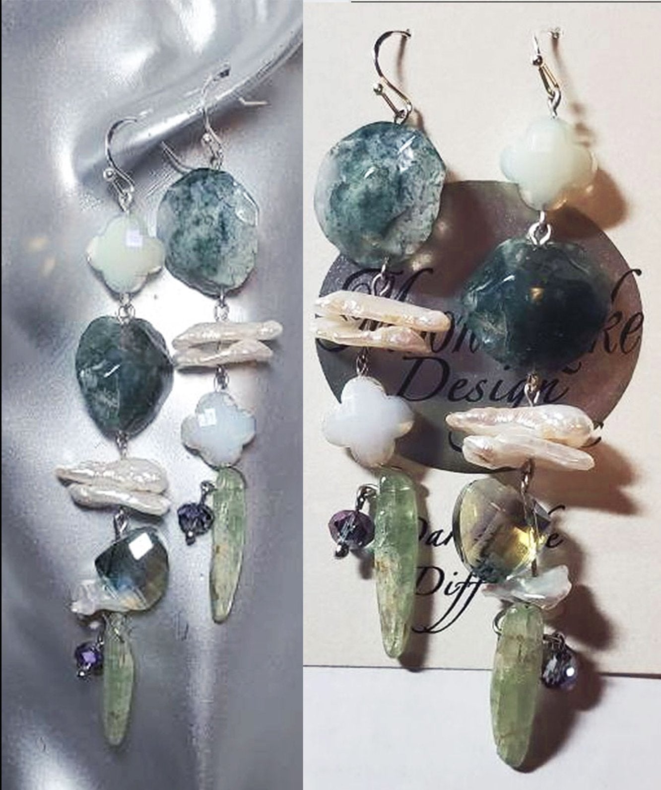 Tree agate (natural) with Freshwater Pearls and kyanite Earrings