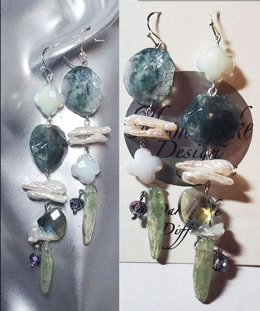 Tree agate (natural) with Freshwater Pearls and kyanite Earrings