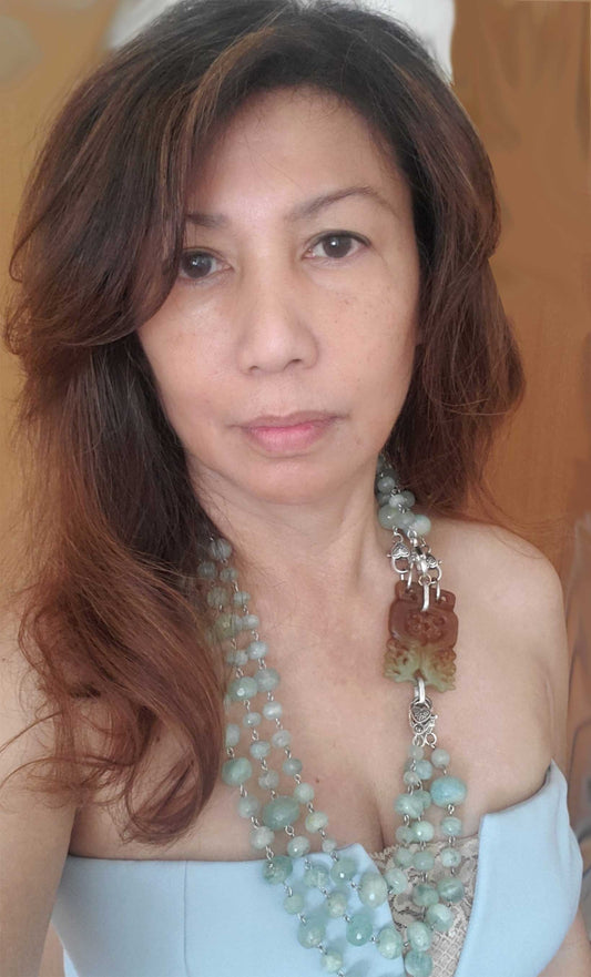 Old Jade Necklace with three strands of aquamarine beads