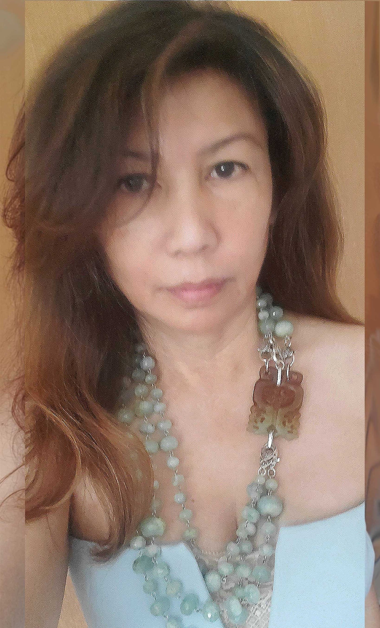 Old Jade Necklace with three strands of aquamarine beads