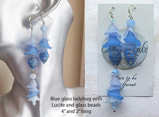 Glass Ladybug with Blue Lucite Trumpet Flower beads