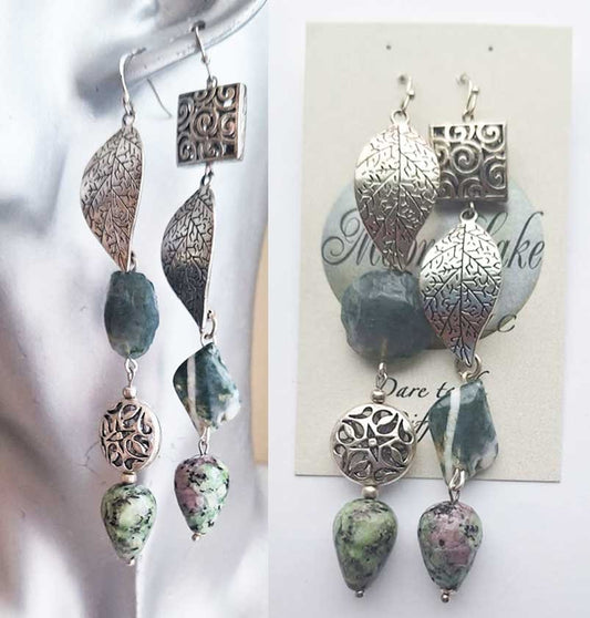 Ruby in zoisite with tree agate (natural) earrings